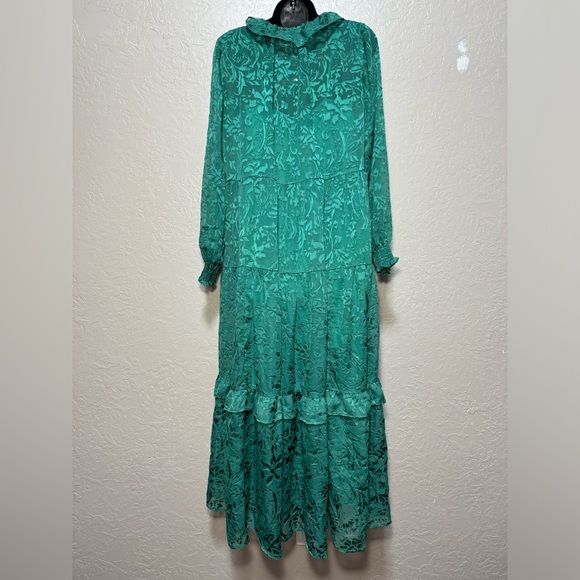Anthropologie Marais Satin Maxi Dress Burnout Tiered Dark Green Size Small - Picture 6 of 9